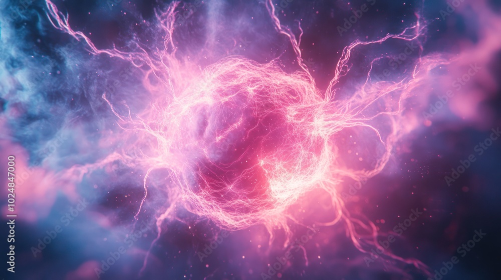 Fototapeta premium A vibrant, glowing orb of pink and blue energy, resembling a swirling cloud of electric charges, against a dark, starry background.