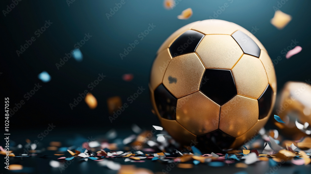Fototapeta premium Golden soccer ball surrounded by colorful confetti on a dark background, symbolizing celebration and sports victory