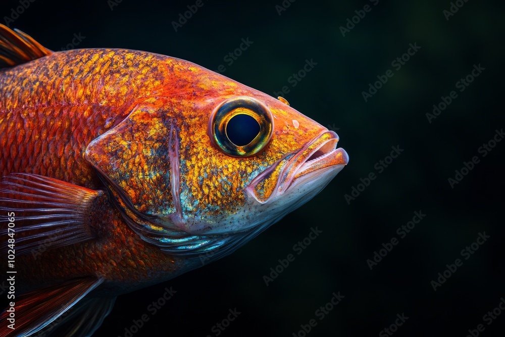 Mystic portrait of Black Snapper, copy space on right side, Close-up View, isolated on black background Mystic portrait of Black Snapper, copy space on right side, Close-up View, isolated on black background