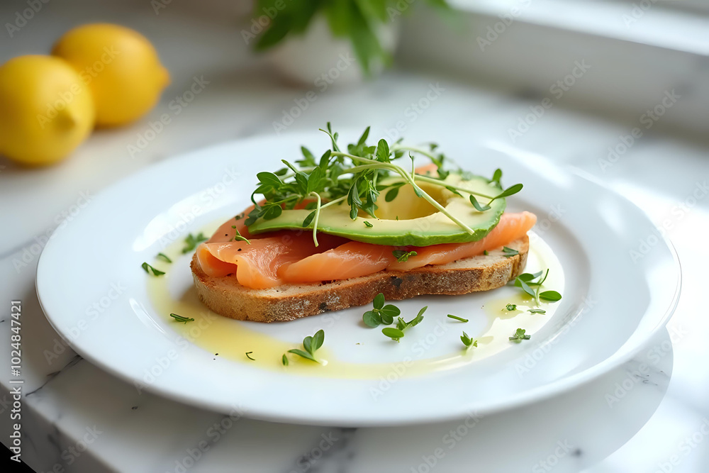 Smørrebrød with smoked salmon, avocado, microgreens, and lemon drizzle on a minimalist white plate Smørrebrød with smoked salmon, avocado, microgreens, and lemon drizzle on a minimalist white plate
