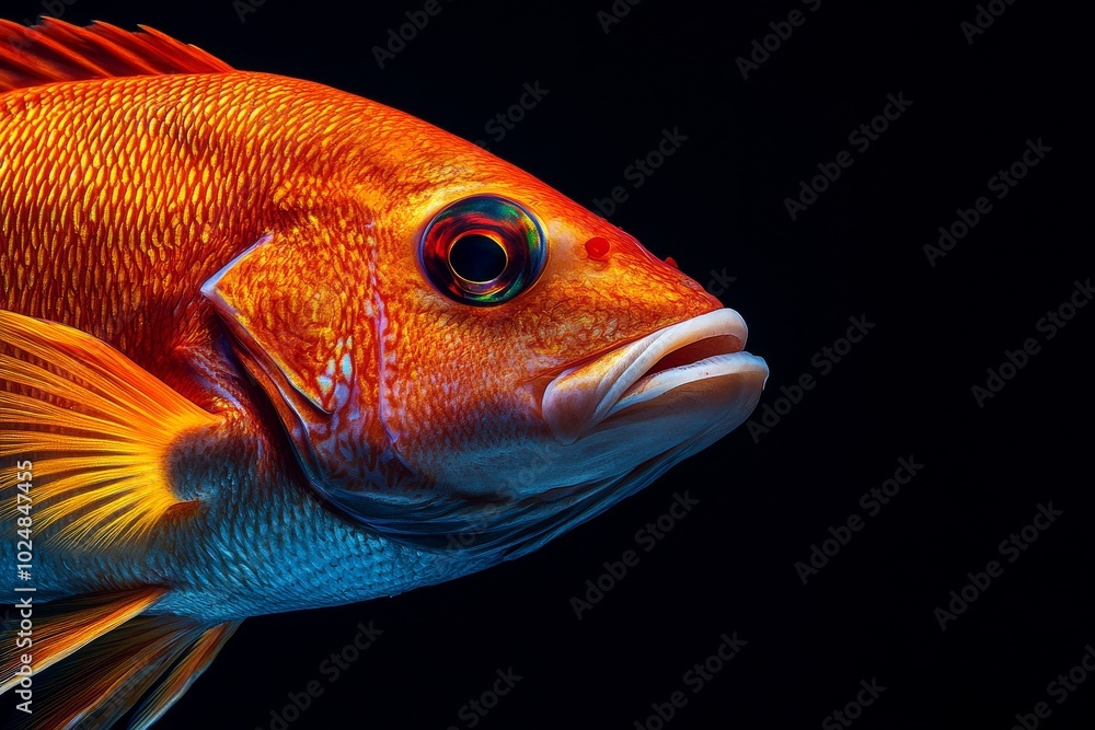 Mystic portrait of Cubera Snapper, copy space on right side, Close-up View, isolated on black background Mystic portrait of Cubera Snapper, copy space on right side, Close-up View, isolated on black background