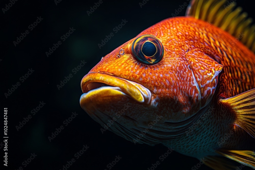 Mystic portrait of Cubera Snapper, copy space on right side, Close-up View, isolated on black background Mystic portrait of Cubera Snapper, copy space on right side, Close-up View, isolated on black background