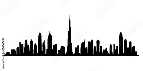 Silhouette skyline of Dubai with iconic skyscrapers and towers.