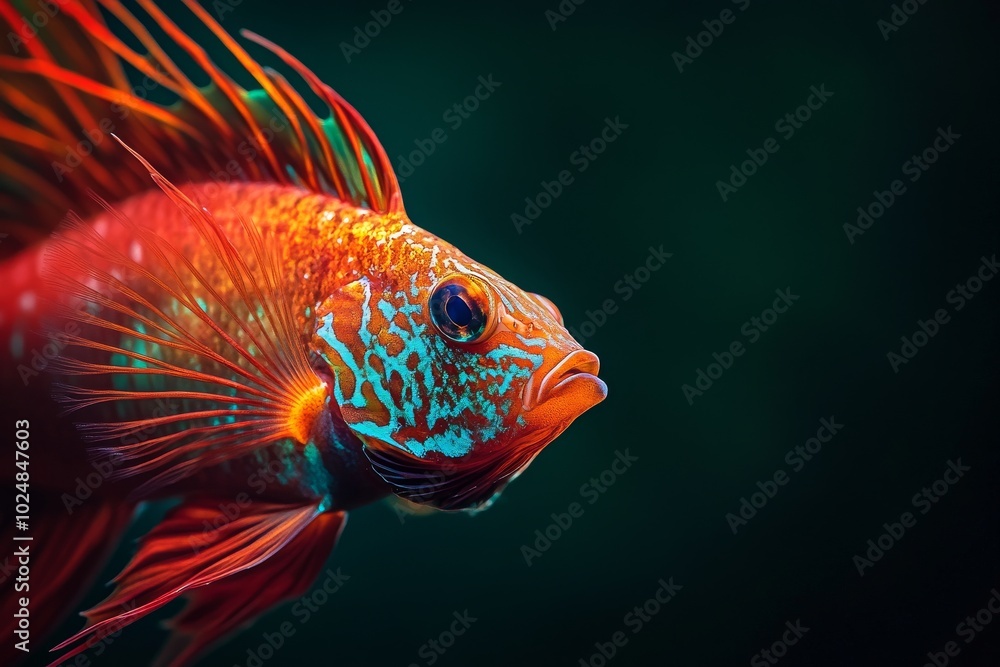 Mystic portrait of Devil Firefish, copy space on right side, Close-up View, isolated on black background Mystic portrait of Devil Firefish, copy space on right side, Close-up View, isolated on black background
