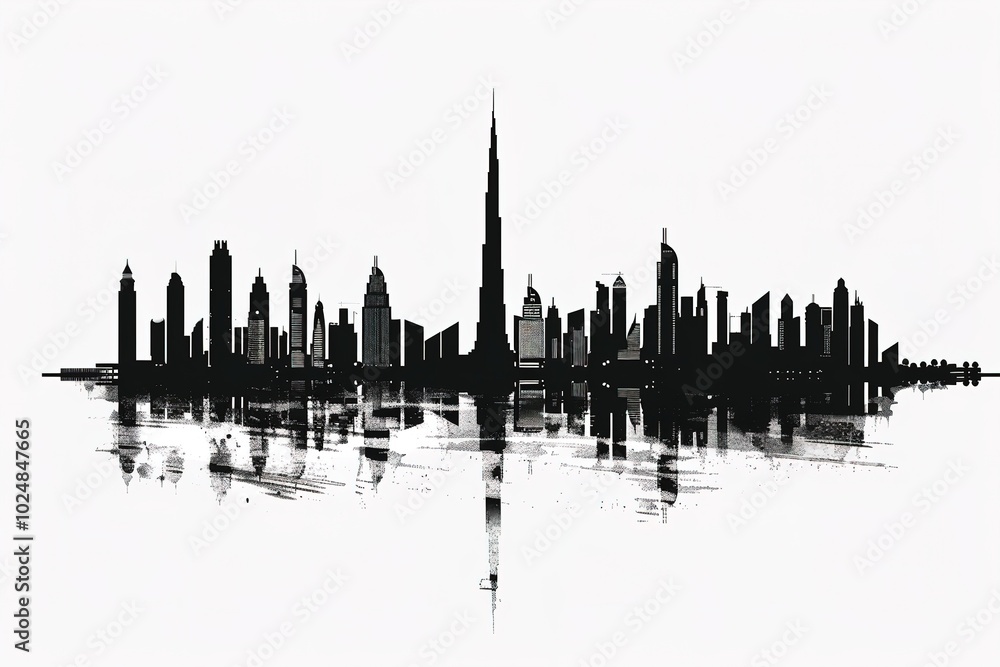 Fototapeta premium Monochromatic Dubai skyline with reflection, modern urban concep