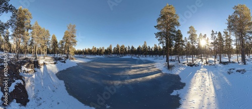 Stunning panoramic photo of Saariselka, Finland, a snowy winter scene with frozen trees at sunset photo