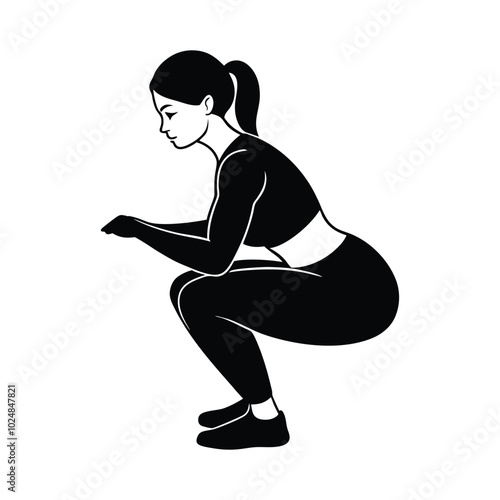 black Squat Pose Women Fitness Workout Side view 