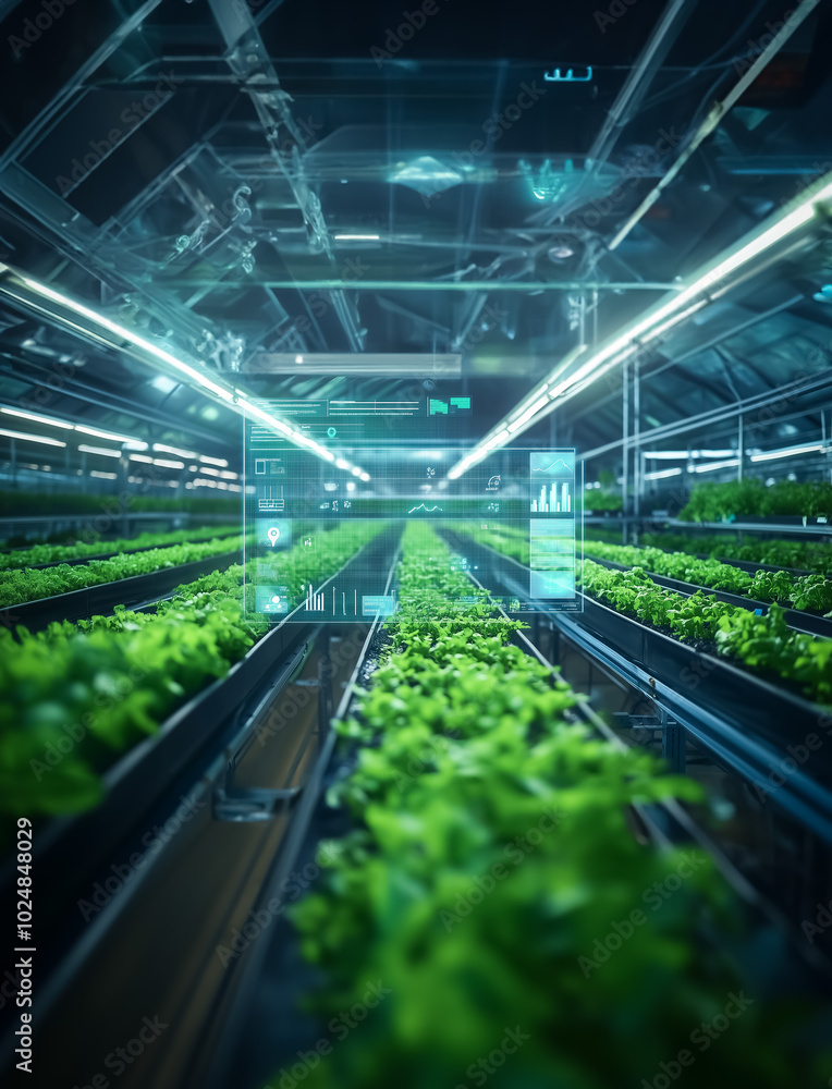 Hydroponic greenhouse with rows of greenery. A futuristic scene where digital interfaces provide real-time data on plant growth and environmental controls for optimal production. Hydroponic greenhouse with rows of greenery. A futuristic scene where digital interfaces provide real-time data on plant growth and environmental controls for optimal production.