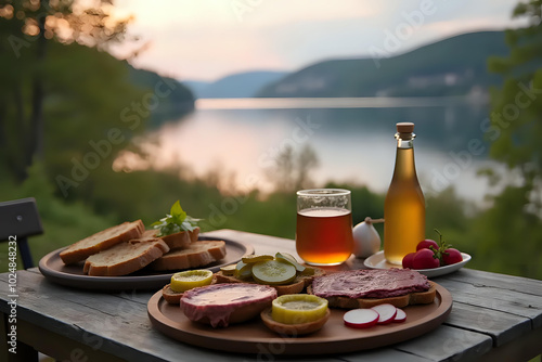 Scandinavian outdoor dinner with smørrebrød, liver pate, pickles, and radishes by a fjord at sunset photo