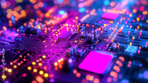 Close-up view of a vibrant circuit board illuminated with colorful LEDs at night