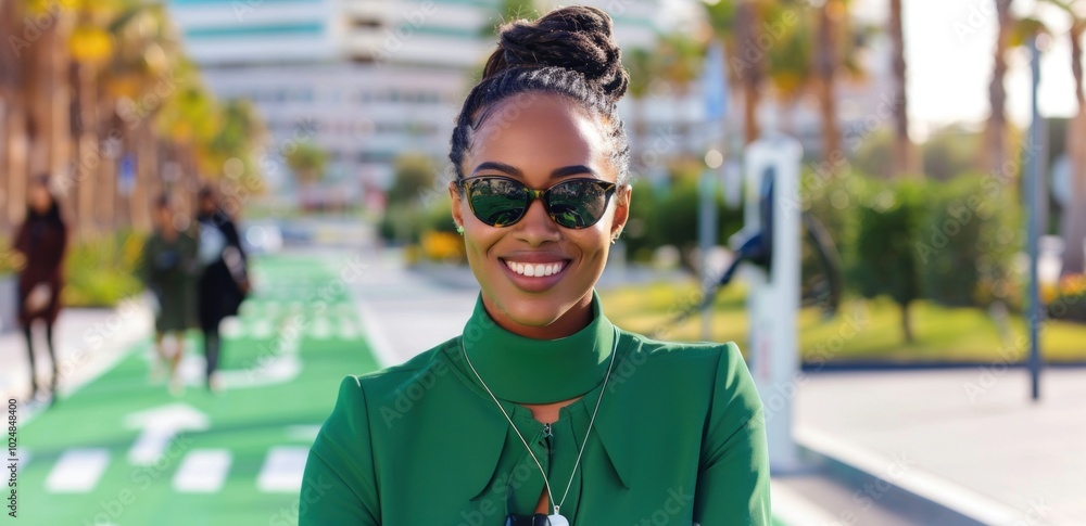 Φωτογραφία Smiling woman in green dress with sunglasses on urban street