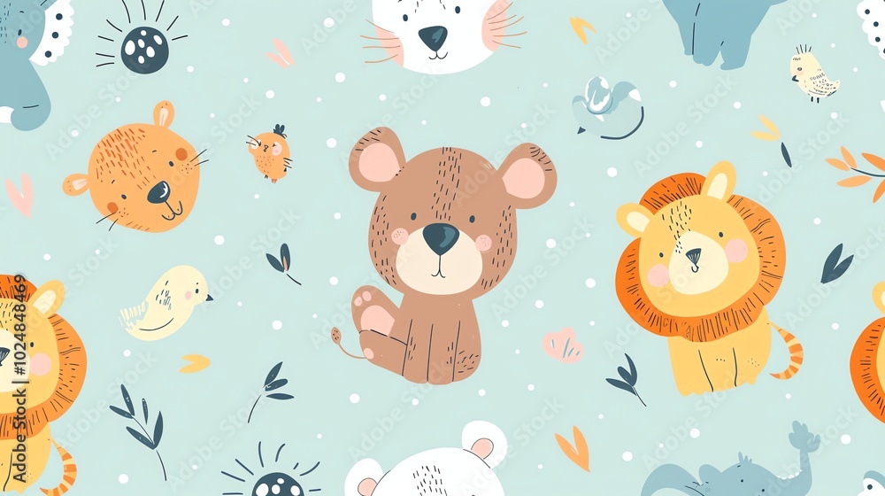 A seamless pattern with cute cartoon animals and flowers on a blue background. A seamless pattern with cute cartoon animals and flowers on a blue background.