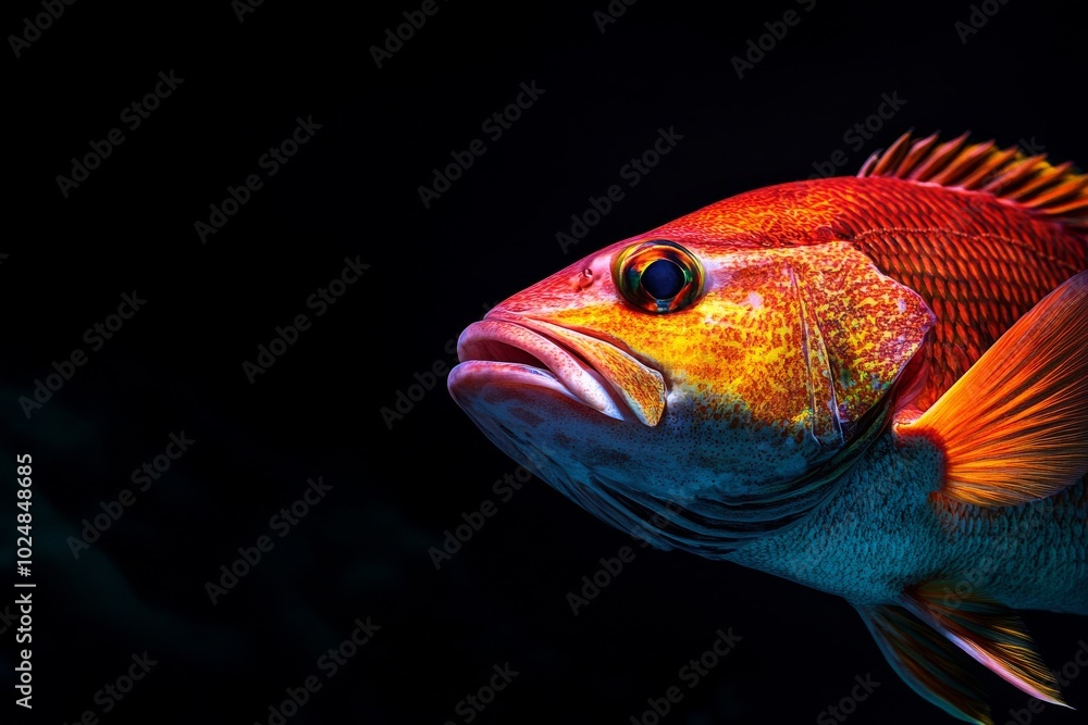 Mystic portrait of Mutton Snapper, copy space on right side, Close-up View, isolated on black background Mystic portrait of Mutton Snapper, copy space on right side, Close-up View, isolated on black background