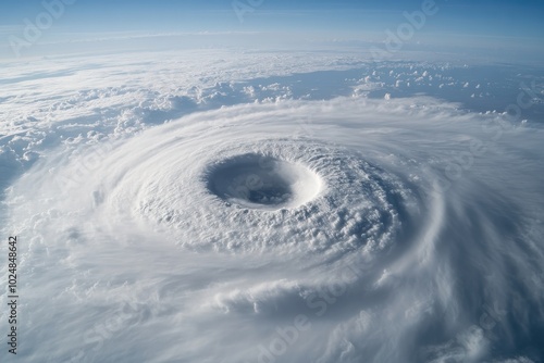 A captivating panoramic view showcasing the eye of a massive hurricane, demonstrating the calm center surrounded by the swirling chaos of clouds and wind forces. photo