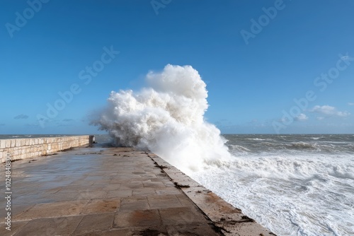 A colossal wave crashes over a stone wall along the coastline, showcasing the overwhelming power and relentless persistence of nature against human-built barriers. photo