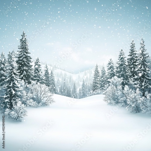 Christmas and New Year holiday greeting card illustration background with snow-covered trees on the hills.