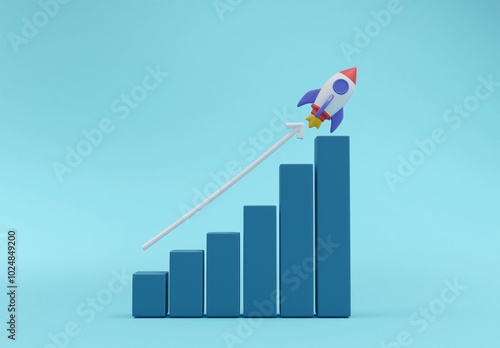 3D rendered illustration of a rocket launch icon over a graph and arrow trending upwards. It is a symbol of exceeding financial goals. fast growth and investment success
