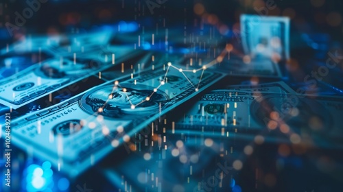 The visual showcases cash alongside digital elements, highlighting advanced money transaction technologies in a financial setting at dusk