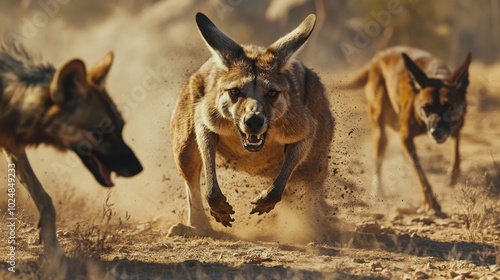 Dramatic chase scene with kangaroo pursued by wild dogs in dusty outback setting.