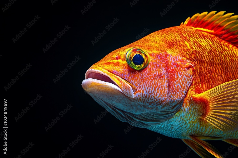 Mystic portrait of Schoolmaster Snapper, copy space on right side, Close-up View, isolated on black background Mystic portrait of Schoolmaster Snapper, copy space on right side, Close-up View, isolated on black background