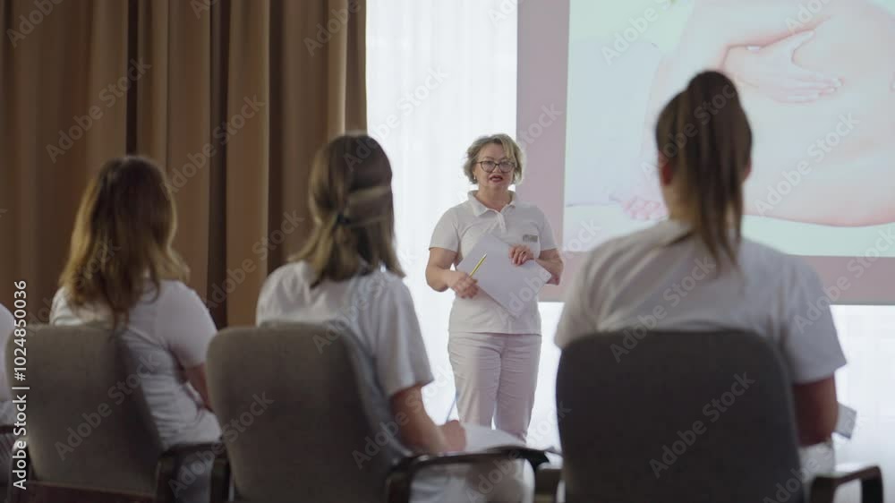 Female Professor of Health Studies giving a lecture to students in the class. Concept of medicine, education, knowledge, teaching, faculty, explaining, lesson, seminar, expertise, training, learning Female Professor of Health Studies giving a lecture to students in the class. Concept of medicine, education, knowledge, teaching, faculty, explaining, lesson, seminar, expertise, training, learning