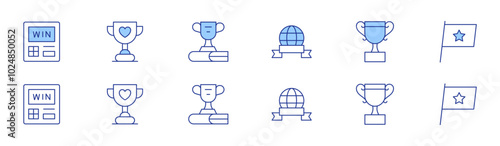 Winner icon set in two styles, Duotone and Thin Line style. Editable stroke. flag, triumph, medal, award, cup, vending machine
