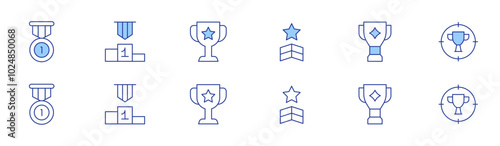 Winner icon set in two styles, Duotone and Thin Line style. Editable stroke. medal, trophy, star, competition, award