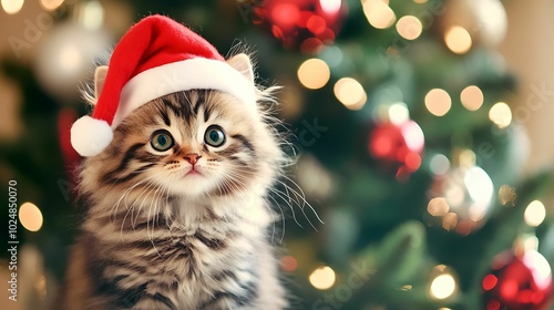 Adorable fluffy kitten wearing a Santa hat sitting near a decorated Christmas tree with festive holiday lights.