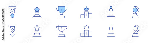 Winner icon set in two styles, Duotone and Thin Line style. Editable stroke. medal, trophy, award, podium, leadership