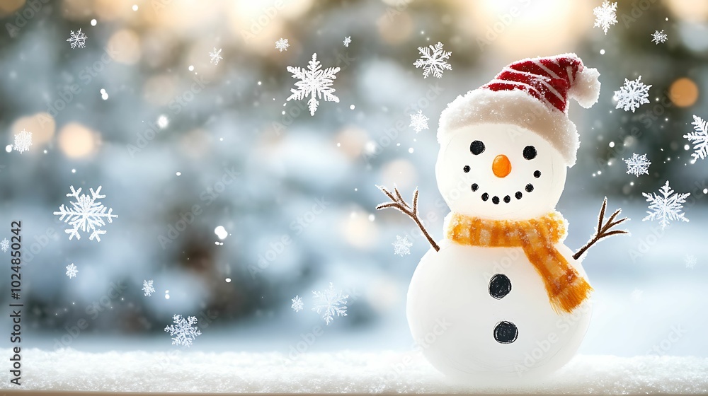 A cheerful snowman wearing a striped Santa hat and yellow scarf stands in a snowy landscape with falling snowflakes. A cheerful snowman wearing a striped Santa hat and yellow scarf stands in a snowy landscape with falling snowflakes.