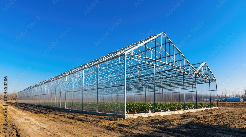Large greenhouse structure on a farm, with clear blue sky providing ample room for copy Large greenhouse structure on a farm, with clear blue sky providing ample room for copy