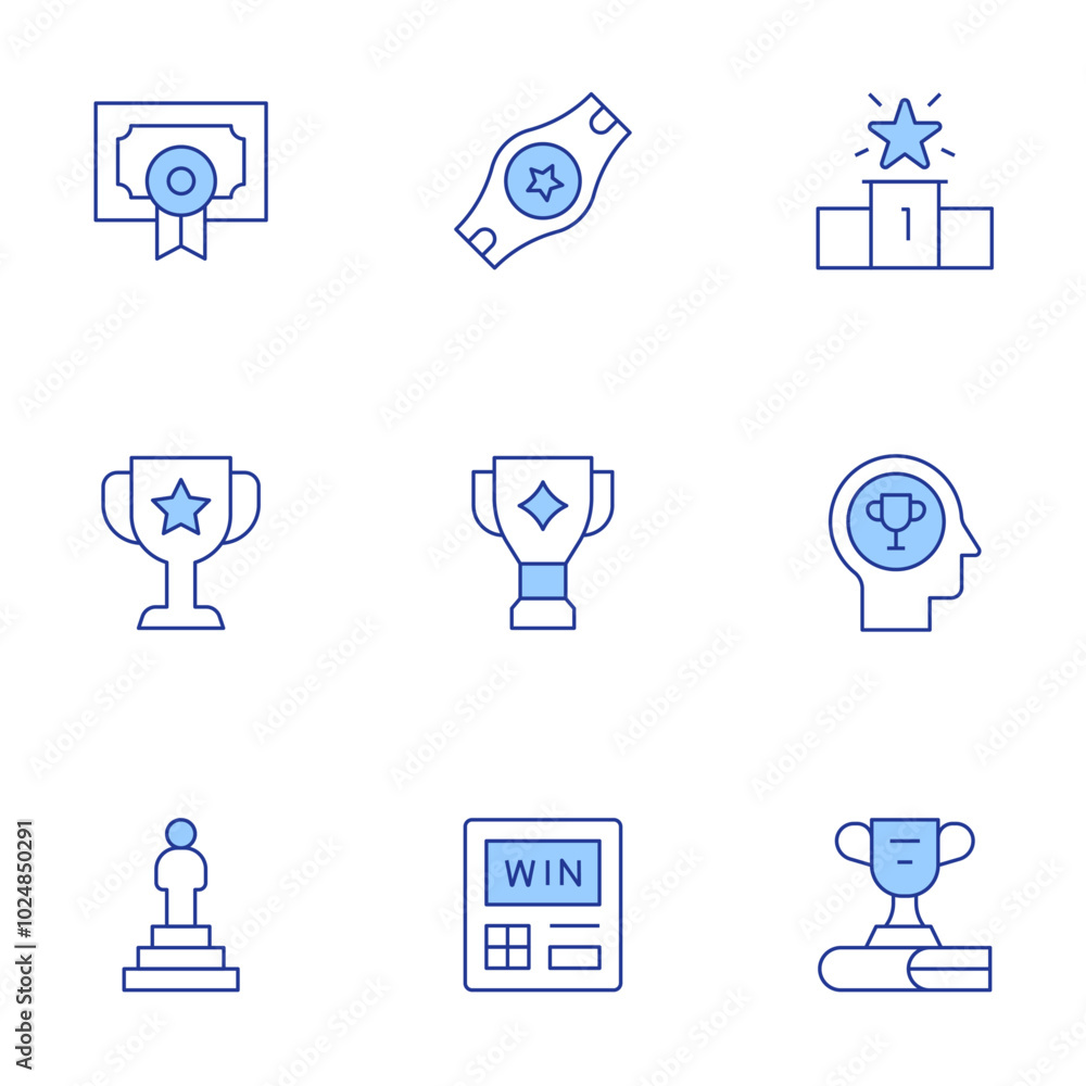 Winner icons set. Line Duotone style, editable stroke. winner, win, trophy, belt, award, vending machine, diploma, leadership Winner icons set. Line Duotone style, editable stroke. winner, win, trophy, belt, award, vending machine, diploma, leadership