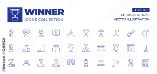Winner icons collection. Thin Line icons, editable stroke. award, football, medal, podium, success, vending machine, win, winner, badge, trophy, flag, diploma