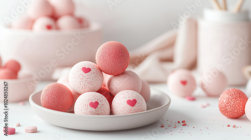 Pink and red heart-shaped bath bombs arranged in a pyramid on a plate.