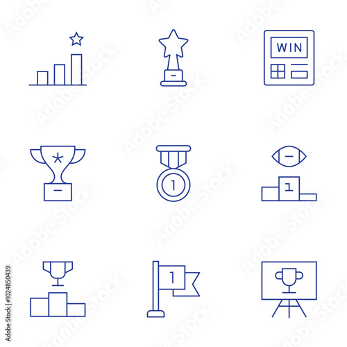 Winner icons set. Thin Line style, editable stroke. podium, success, trophy, vending machine, winner, winning, award, flag, medal