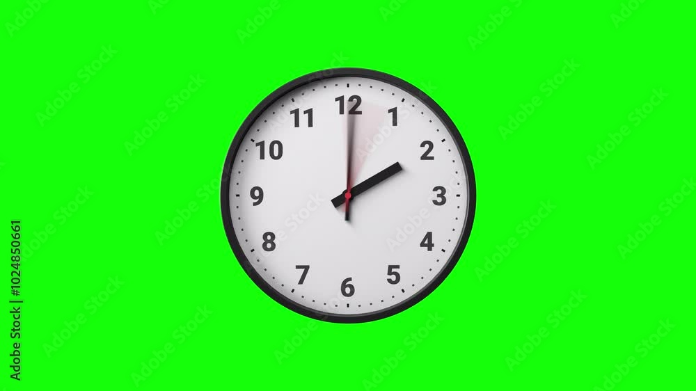 Clock Timelapse Greenscreen Alpha Loop. Fast movement of clock hands motion blur. Black and White Analog Wall Clock Isolated. Time Passing Fast. 12 Hours Classic Clock Timelapse