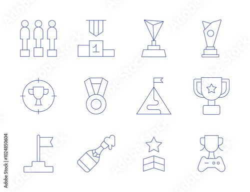Winner icons. Thin Line style, editable stroke. podium, success, trophy, competition, mission, star, winner, champagne, medal