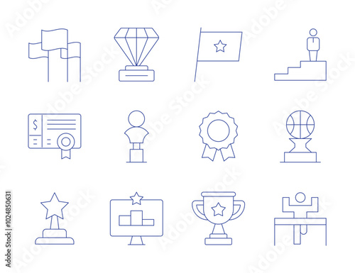 Winner icons. Thin Line style, editable stroke. trophy, win, podium, award, cheque, flags, champion, achievement, flag, medal