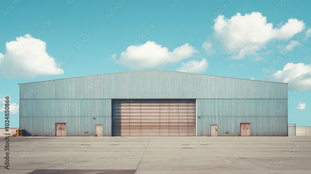 Obraz premium Minimalist shot of an industrial warehouse building, plenty of sky for copy. No people or vehicles
