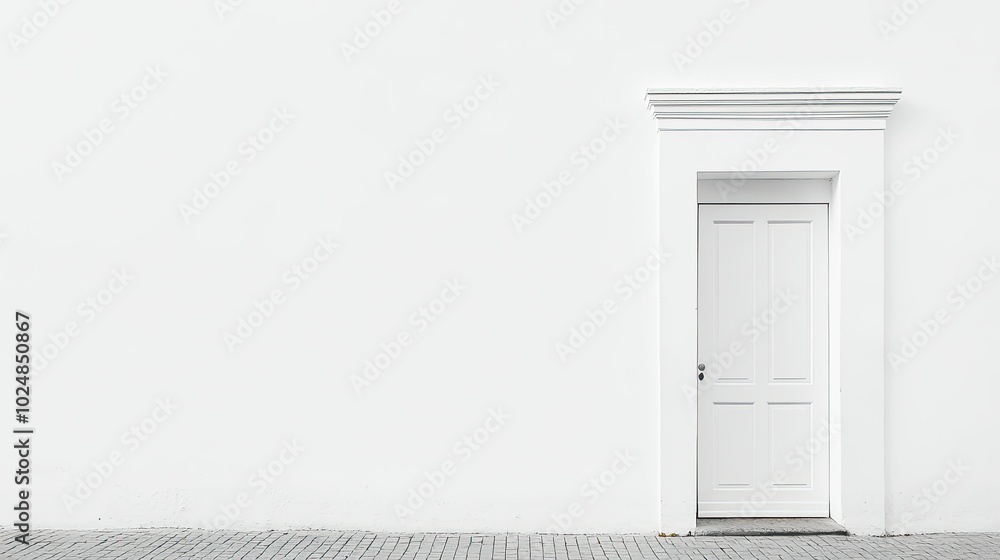 Minimalist white door against a pure white wall, leaving room for copy or design elements in the frame Minimalist white door against a pure white wall, leaving room for copy or design elements in the frame