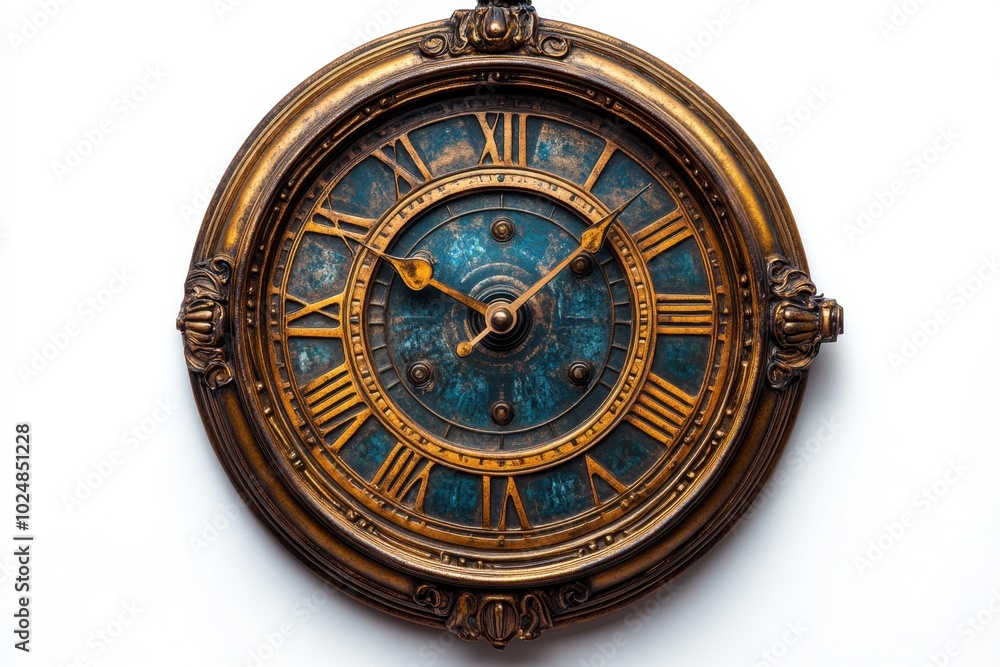 custom made wallpaper toronto digitalA solitary vintage clock with intricate details and Roman numerals, emphasizing the passage of time, isolated on white background. 