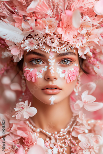 Young woman with pink flowers on her face and hair photo