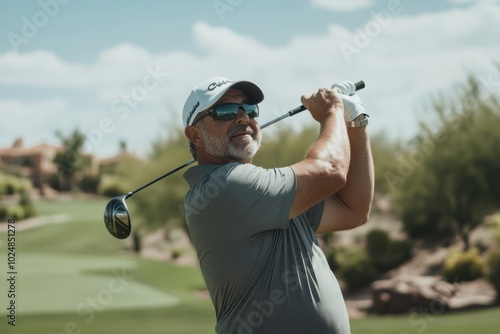 Older man enjoying a sunny day playing golf on a green course, showcasing his swing.