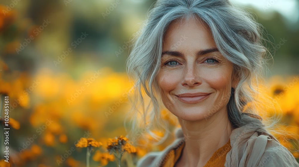 Elegant Woman Smiling In A Field Of Vibrant Yellow Flowers Elegant Woman Smiling In A Field Of Vibrant Yellow Flowers