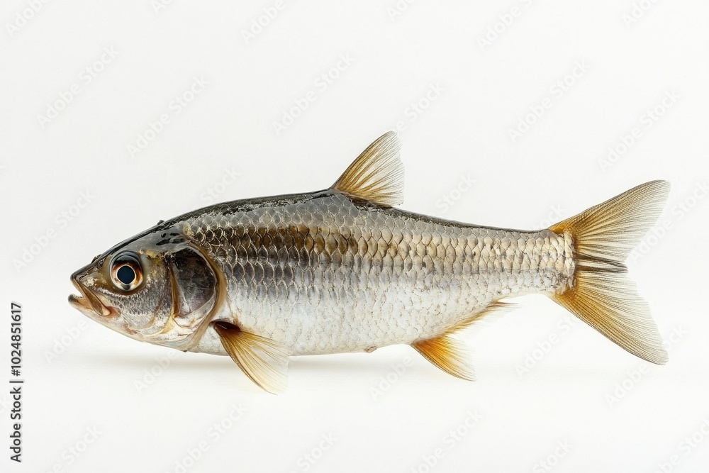 Fototapeta premium the beside view Atlantic Herring, left side view, white copy space on right, Isolated on White Background