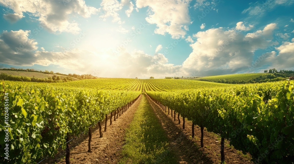 Fototapeta premium Rows of grapevines in a vineyard, with space for copy in the empty sky above. No people visible