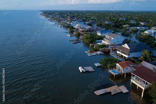 Aerial view captures coastal houses lined along a calm shoreline, highlighting the beauty of waterfront living amidst a vast, serene body of water and sky. photo