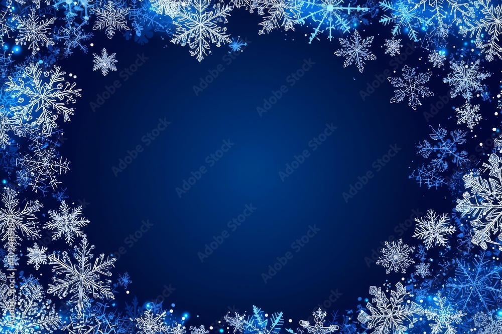 Fototapeta premium Beautiful winter snowflake border background design with large and small snowflakes