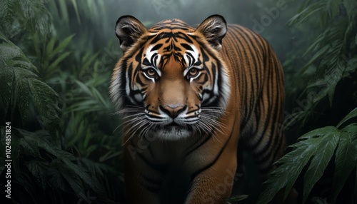 A majestic tiger emerges from a dense jungle, showcasing its striking features.