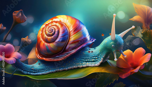A vividly colored, intricately detailed snail with a vibrant shell moves slowly across a leaf surrounded by glowing flowers, showcasing the beauty of nature in an enchanting, magical world